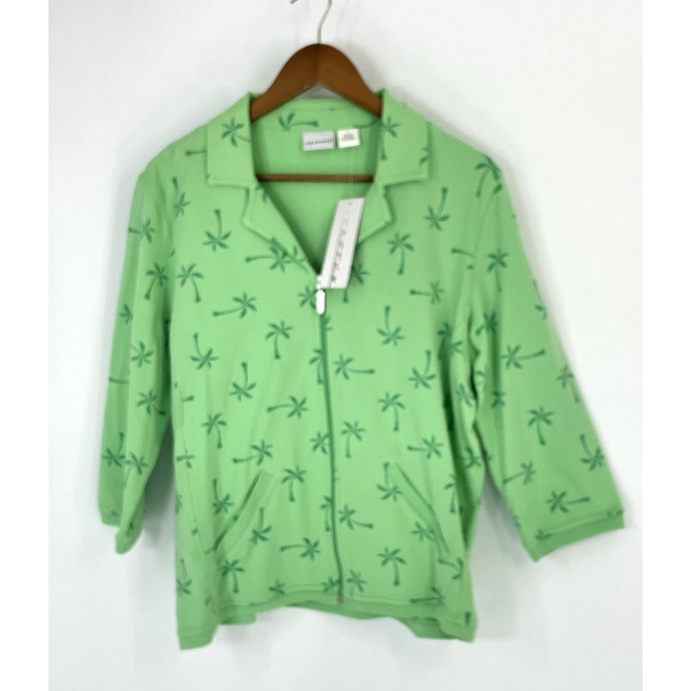 NWT Kim Rogers Women's Large Jacket Lime Full Zip Green Palm Trees Front Pockets